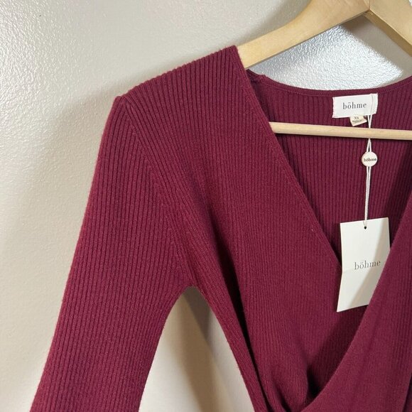 Bohme Ledger Sweater Dress Size XS Burgundy Midi Bodycon Tie Waist Ribbed - Picture 7 of 12